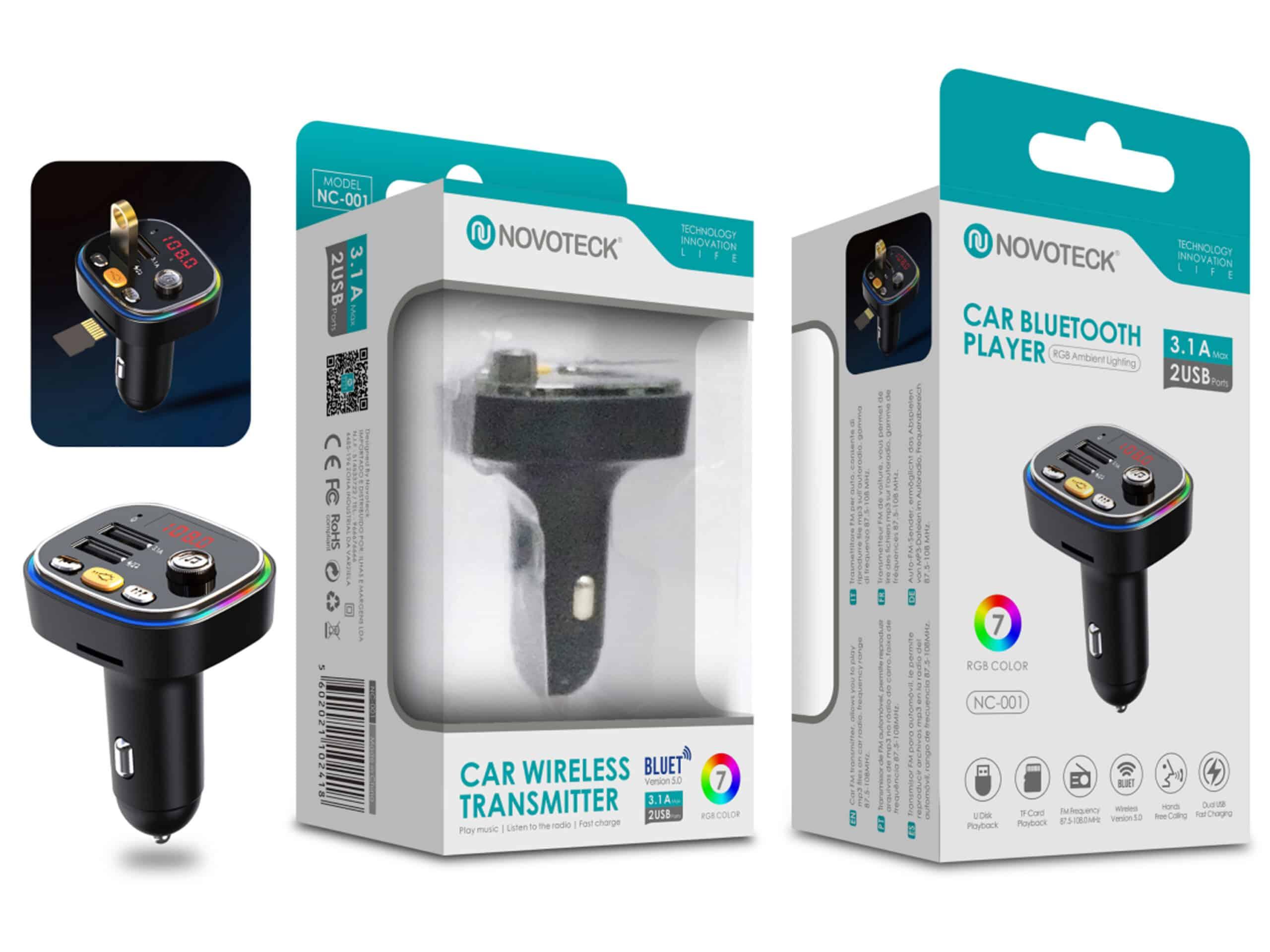 Transmissor Bluetooth Veiculo com Iluminação RGB Novoteck NC - 001 - Carregador Duplo USB, 3.1A
