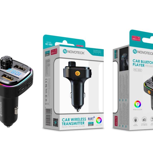 Transmissor e Carregador Veiculo Bluetooth Novoteck NC - 002 - Porta Tipo - C PD, Iluminação RGB, 3.1A