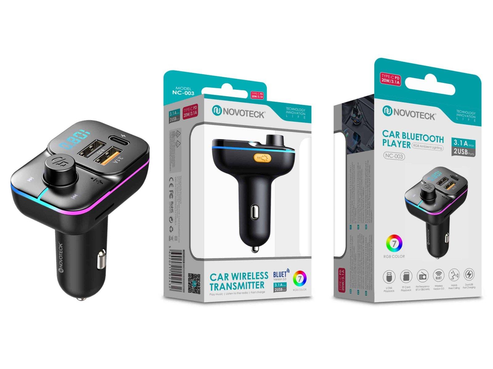 Transmissor FM Bluetooth Multifuncional Novoteck NC-003 com Carregador Tipo-C e Iluminação RGB