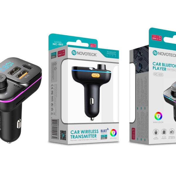 Transmissor FM Bluetooth Multifuncional Novoteck NC - 003 com Carregador Tipo - C e Iluminação RGB