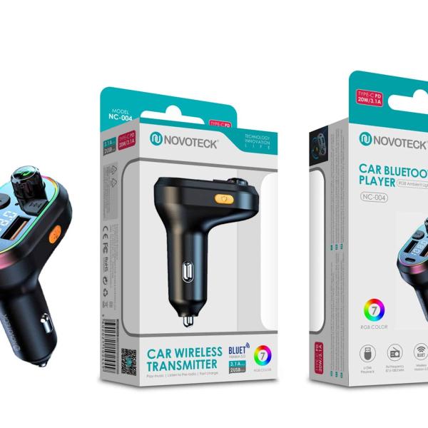 Transmissor FM Bluetooth Novoteck NC-004 com Carregamento Rápido Tipo-C e Iluminação RGB