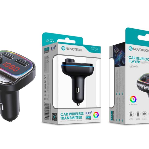 Transmissor FM e Carregador Veiculo Bluetooth Novoteck NC - 005 com Iluminação RGB