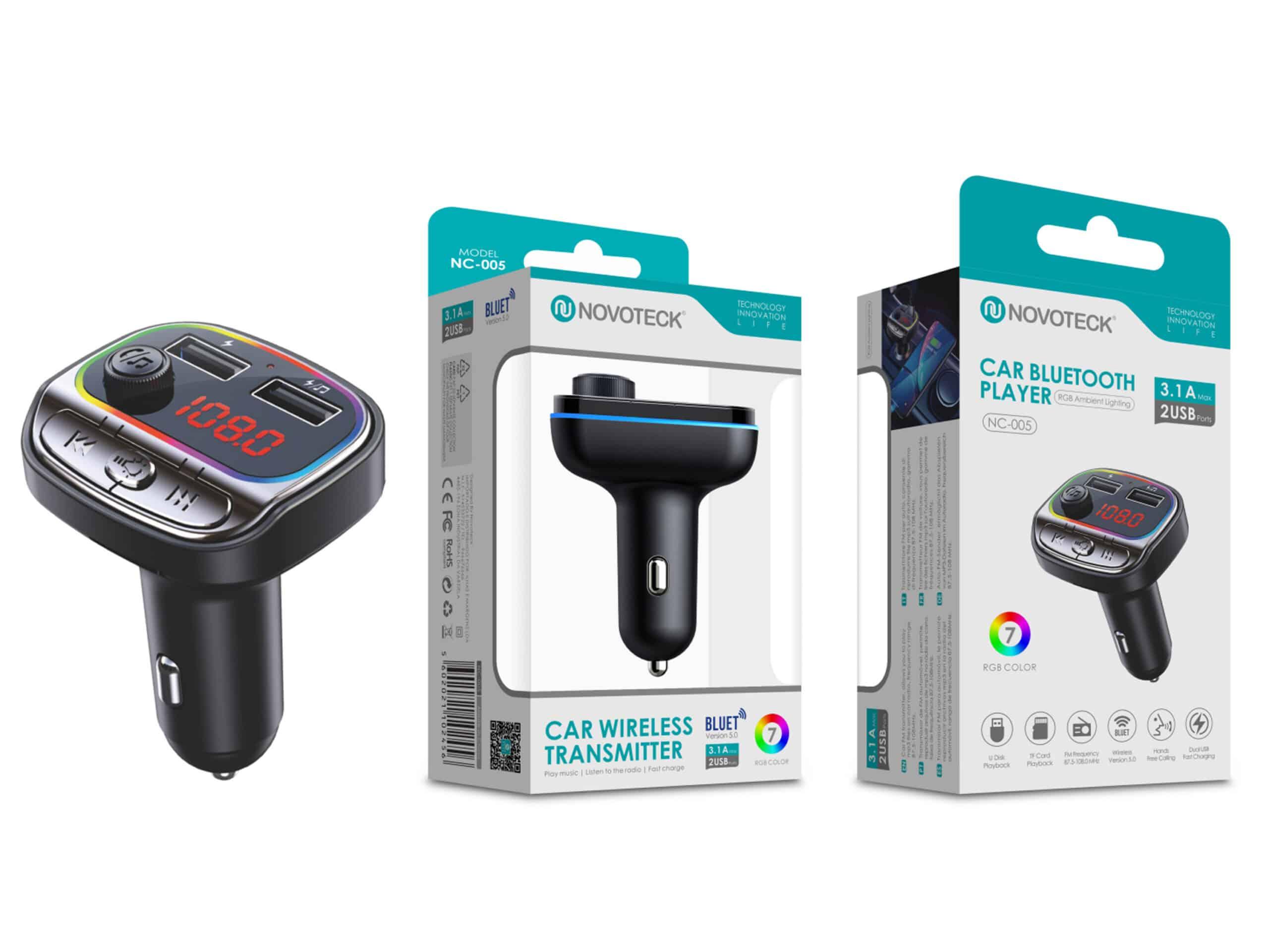 Transmissor FM e Carregador Veiculo Bluetooth Novoteck NC - 005 com Iluminação RGB