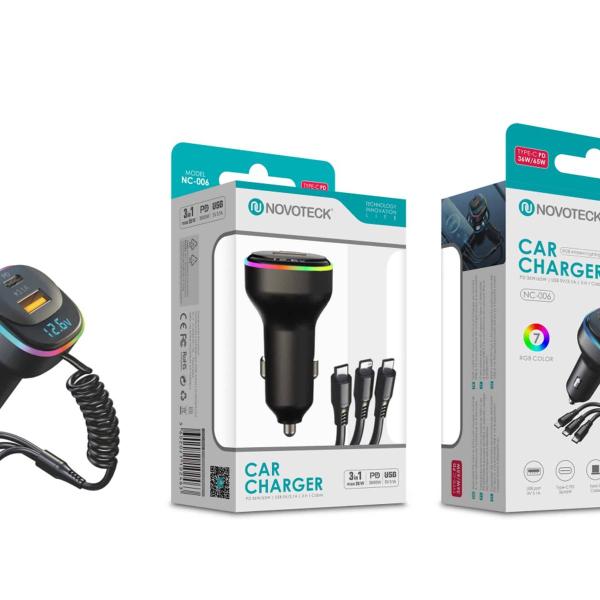Carregador Veiculo Rápido Novoteck NC-006 com Porta Tipo-C PD 65W e Iluminação RGB