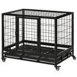 Gaiola de Metal para Cães com Rodas e Freios Bandeja Removível e Porta com Trava para Golden Retriver Labrador 92x62x75cm Preto