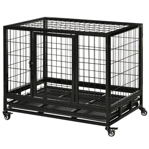 Gaiola de Metal para Cães com Rodas e Freios Bandeja Removível e Porta com Trava para Golden Retriver Labrador 92x62x75cm Preto