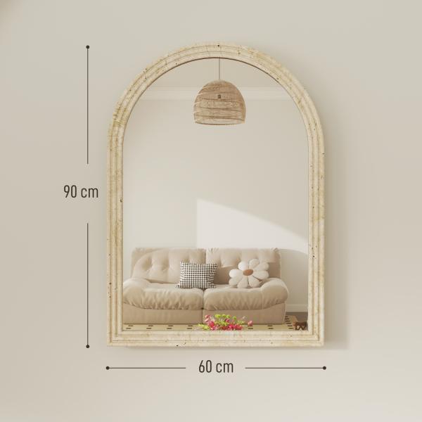 Espelho de Parede Arqueado Espelho de Casa de Banho 60x90 cm com Moldura de Imitação de Pedra Bege