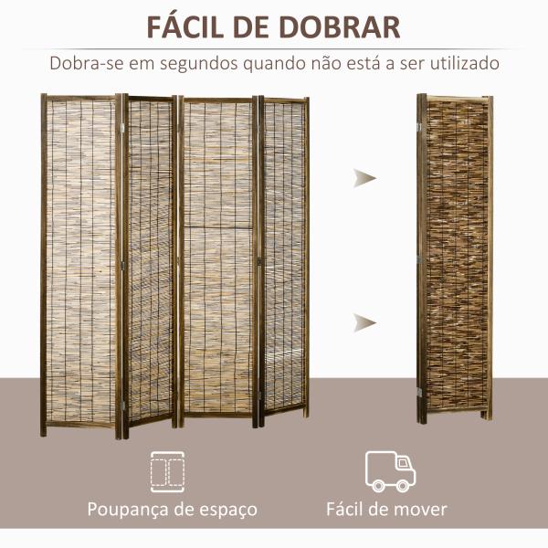 Biombo de 4 Painéis Separador de Ambientes Dobrável 160x1,8x170 cm Divisor de Ambientes de Madeira e Caniço Madeira