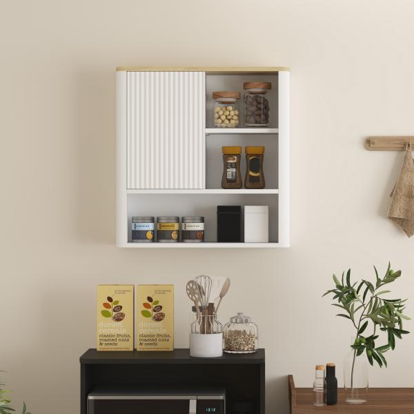 Armário de Parede para Casa de Banho com Porta Deslizante 5 Compartimentos e Prateleiras Ajustáveis 60x20x62 cm Branco