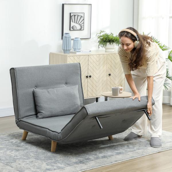 Poltrona 2 em 1 Sofá Cama Individual Dobrável com Encosto Ajustável e Almofada Carga 125 kg 90x78x79 cm Cinza
