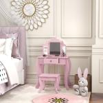 Toucador Infantil de Madeira com Banco e Espelho de Acrílico de 2 Seções Mesa de Maquilhagem Infantil 63x40x85,5 cm Rosa