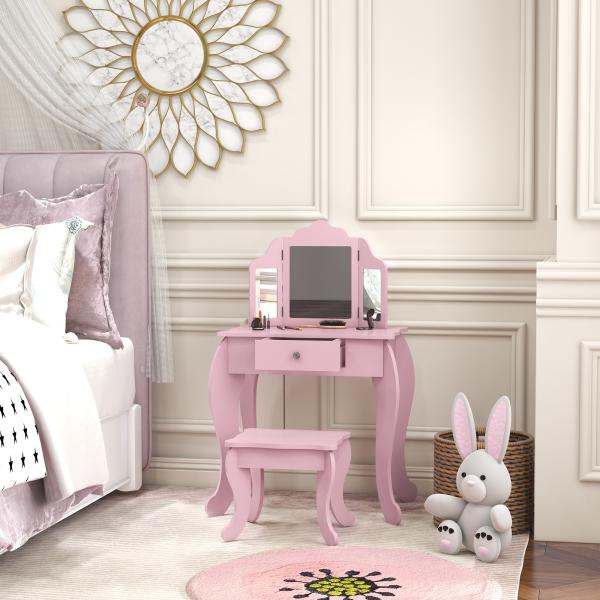 Toucador Infantil de Madeira com Banco e Espelho de Acrílico de 2 Seções Mesa de Maquilhagem Infantil 63x40x85,5 cm Rosa