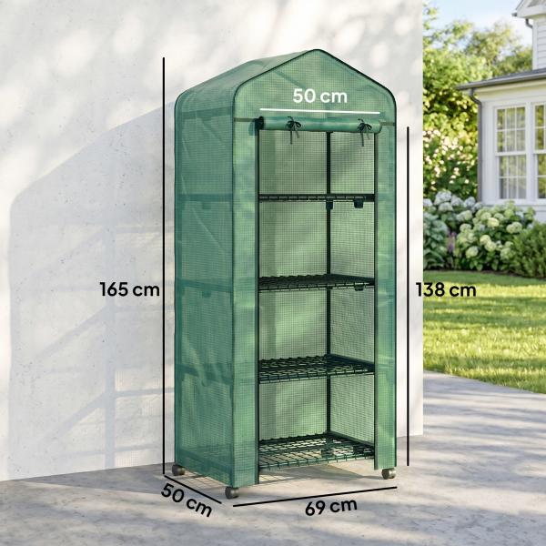 Estufa de Exterior com 4 Prateleiras e Rodas Porta Enrolável Estrutura em Aço e Cobertura de PE 140g/㎡ Anti - UV 69x50x165 cm Verde