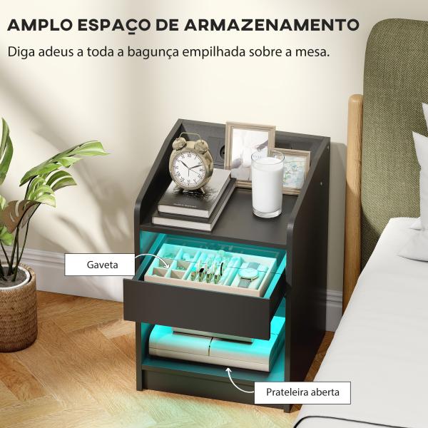 Mesa de Cabeceira com Luzes LED Gaveta Prateleira Estação de Carregamento Entrada USB e Controlo Remoto 40x40x58 cm Branco