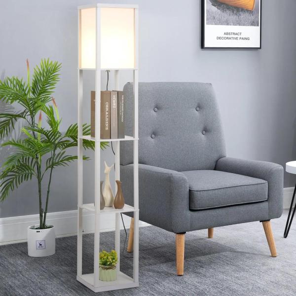 Candeeiro de Pé de Madeira com 3 Prateleiras De Armazenamento para Lâmpada E27 Potência Máx. 40W Candeeiro Moderno para Sala de Estar Dormitório 26x26x160cm Branco