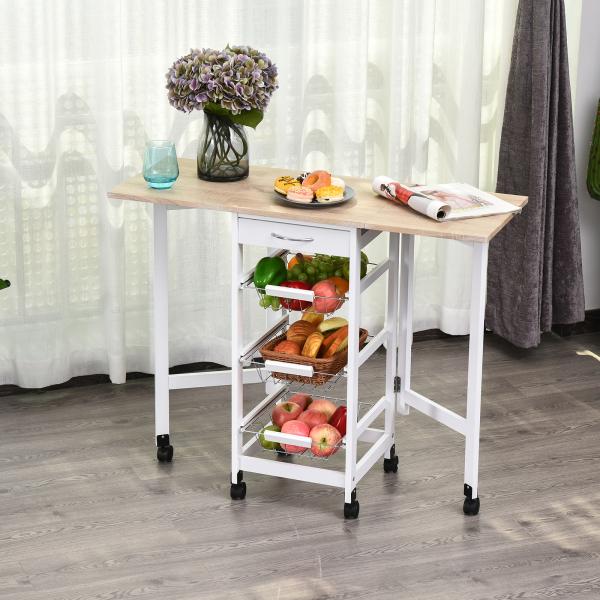 Carrinho de Cozinha Dobrável Carrinho Auxiliar com Rodas 1 Gaveta e 3 Cestos de Metal 97,2x37x77,5 cm Branco e Madeira