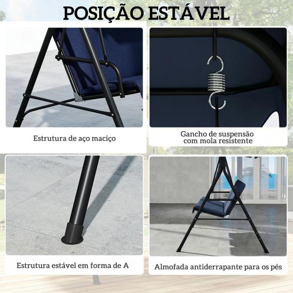 Baloiço de Jardim Exterior de 3 Lugares com Toldo Ajustável e Estrutura de Aço 172x118x153 cm Azul - Marinho
