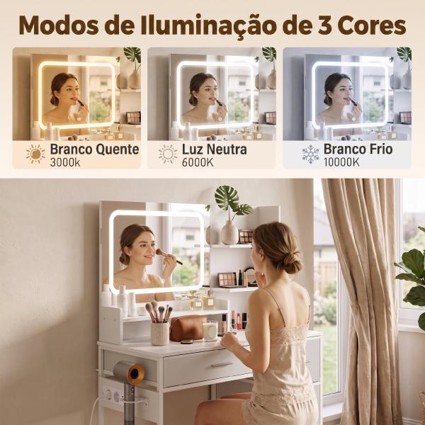 Penteadeira de Maquilhagem com Espelho LED, 3 Tons de Luz, Estação de Carregamento, 4 Gavetas, 5 Prateleiras, Suporte para Secador, Branco
