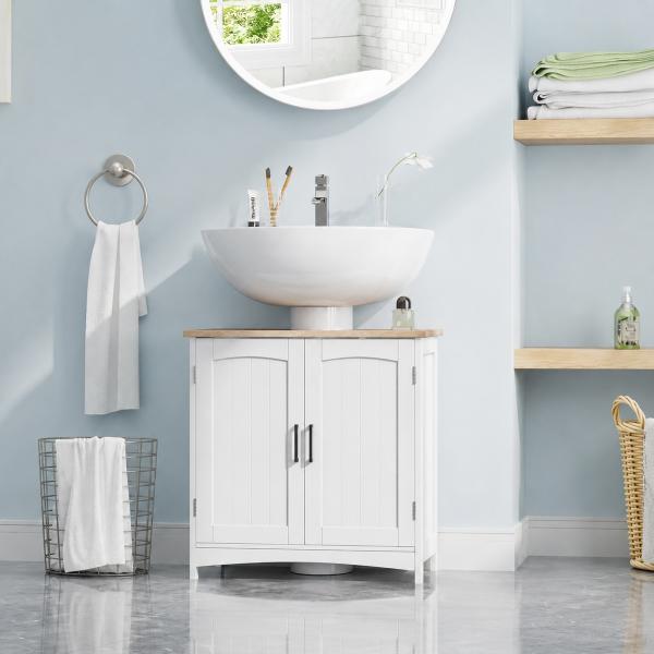 Móvel para Lavatório Pousar Armário para Casa de Banho de Madeira com 2 Portas e Prateleira Interior Ajustável 60x30x60cm Branco