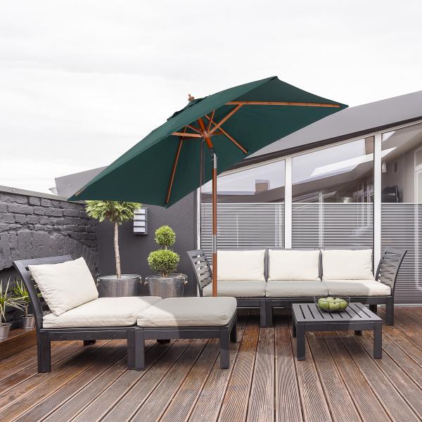 Chapéu de Sol de Jardim 200x150x230cm Chapéu de Sol Retangular Inclinável com Polia Duplo Teto e Mastro Desmontável de Madeira para Terraço Pátio Verde