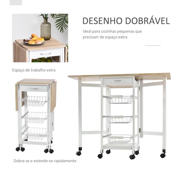 Carrinho de Cozinha Dobrável Carrinho Auxiliar com Rodas 1 Gaveta e 3 Cestos de Metal 97,2x37x77,5 cm Branco e Madeira