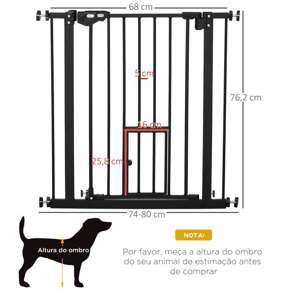 Barreira de Segurança para Animais de Estimação 74 - 80cm com Porta com Fechamento Automático e Sistema de Duplo Bloqueio Altura 76,2cm Preto