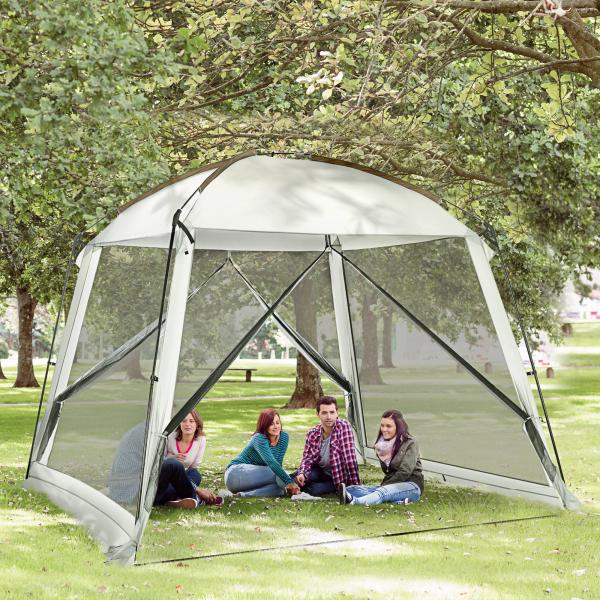 Tenda de Jardim para 6 - 8 Pessoas com 4 Mosquiteiras e 2 Portas Proteção UV50+ Inclui Bolsa de Transporte 3x3 m Branco