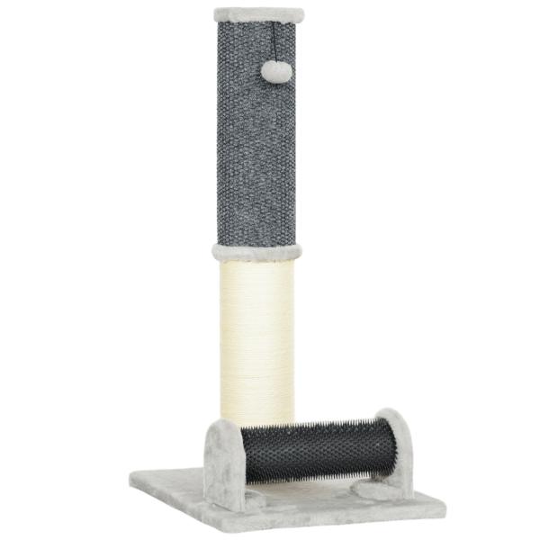 Arranhador para Gatos com Poste de Sisal Escova de Auto Higiene e Bola Suspensa 40x48x85 cm Cinza e Creme
