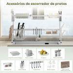 Escorredor de Louça de Aço de 2 Níveis com Prateleira para Pratos Suporte para Facas e Talheres 100x30x54,5 cm Branco