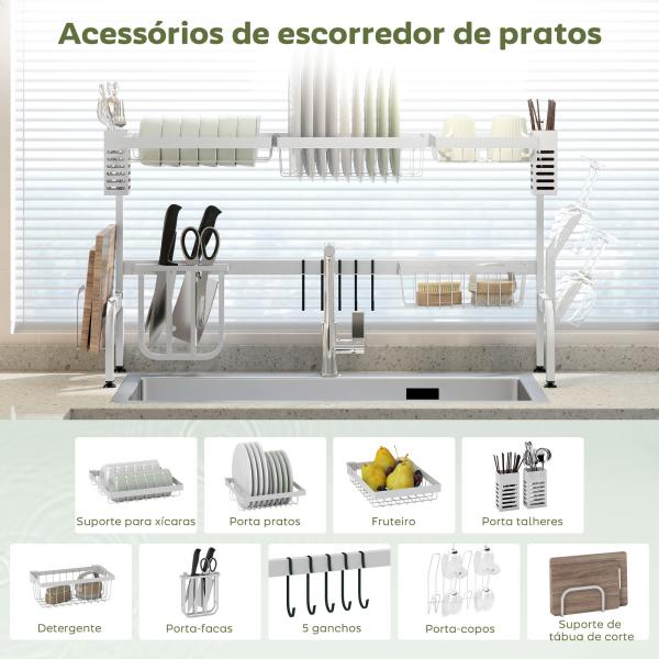 Escorredor de Louça de Aço de 2 Níveis com Prateleira para Pratos Suporte para Facas e Talheres 100x30x54,5 cm Branco