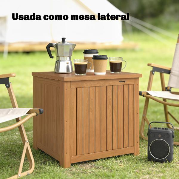 Baú de Exterior em Madeira 130L Arca de Armazenamento com Forro Tampa Articulada e Correia 63x51x58,5 cm Castanho