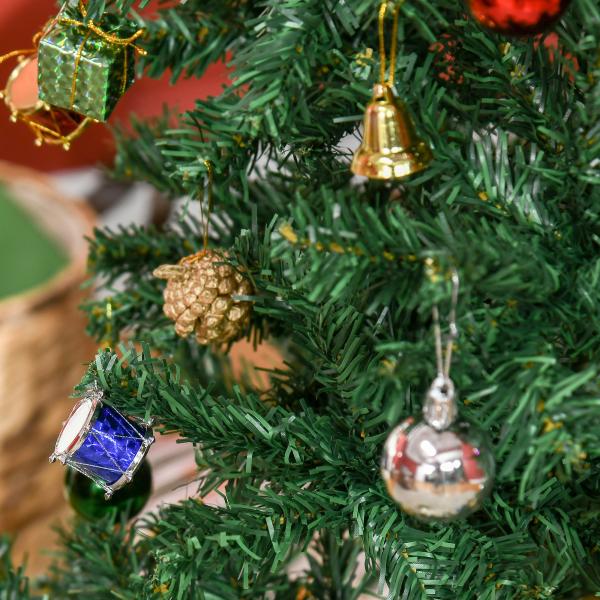 Árvore de Natal Artificial 180cm Ignífugo com 624 Ramos 48 Decorações Folhas de PVC e Suporte Metálico Verde