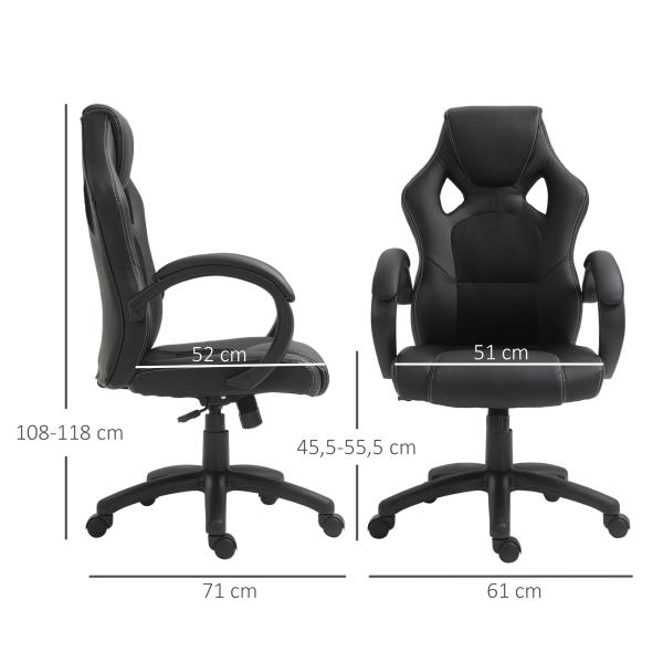 Cadeira de Escritório Ergonómica Cadeira de Escritório Giratória com Altura Ajustável Encosto Alto Estofado em Couro PU e Malha Transpirável 71x61x108 - 118cm Preto