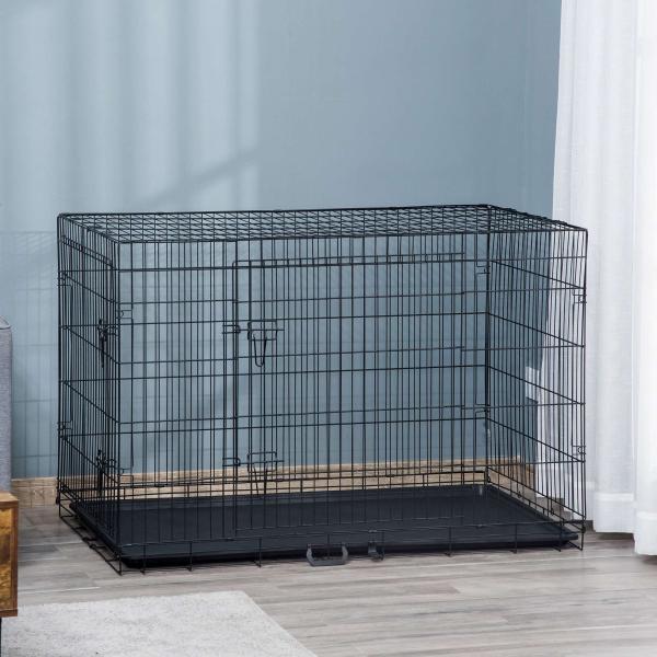 Gaiola para Cães com 2 Portas Gaiola para Animais de Estimação de Arame Dobrável com Alça de Transporte Aço 121x74,5x81cm Preto