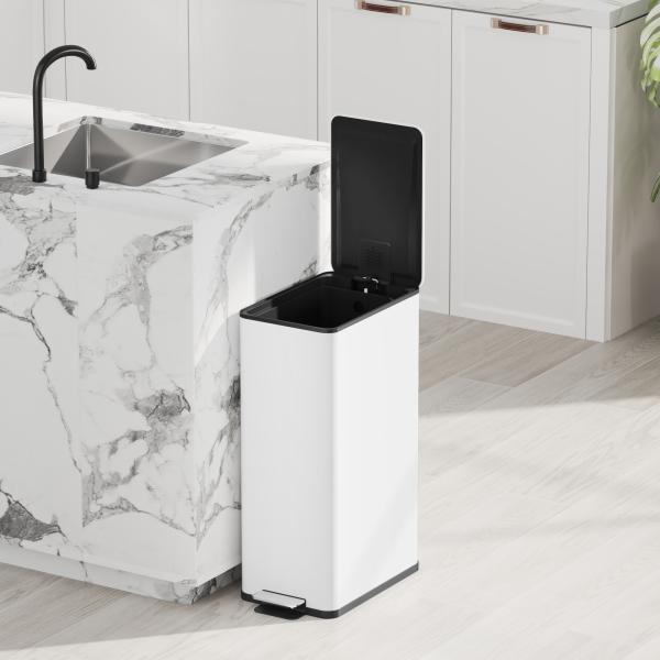 Caixote do Lixo de Cozinha 20 L em Aço Inoxidável com Tampa de Fecho Suave, Pedal e Balde Amovível, Branco