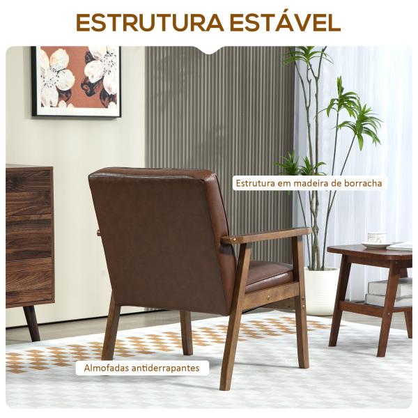Poltrona Sala de Estar Estofada em PU com Apoio para os Braços e Estrutura de Madeira de Borracha 64x66x80 cm Marrom