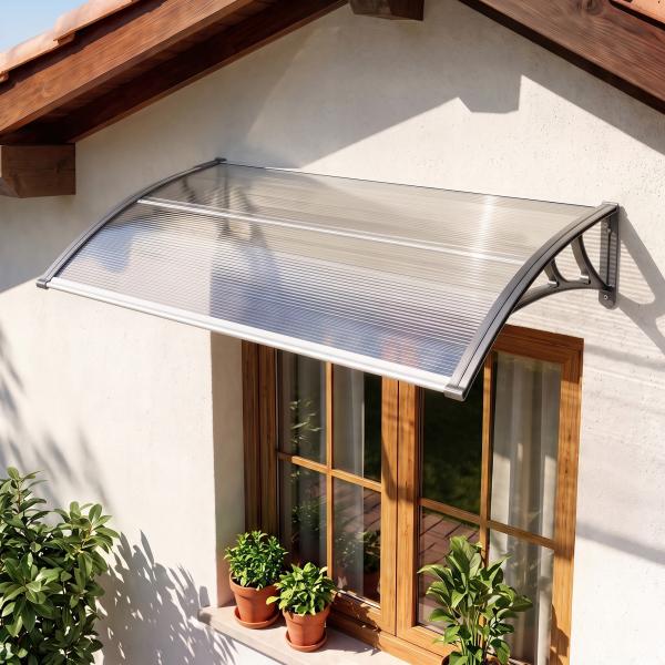 Marquise de Proteção 110x60cm Marquise Exterior para Portas e Janelas contra o Sol e Chuva com Suporte de PP Policarbonato Cinza