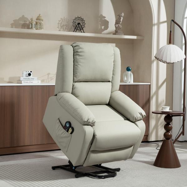 Poltrona Relax Levanta Pessoas com 8 Pontos de Massagem Reclinável com Função de Aquecimento 89x93x105 cm Cinzento Claro