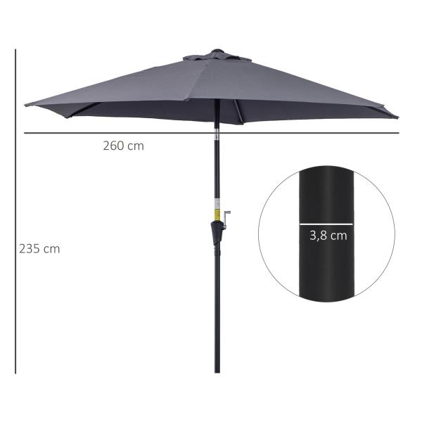 Chapéu de Sol de Jardim Ø270x235cm Chapéu de Sol de Alumínio Reclinável com Manivela e 6 Hastes para Terraço Exterior Balcão Cinza