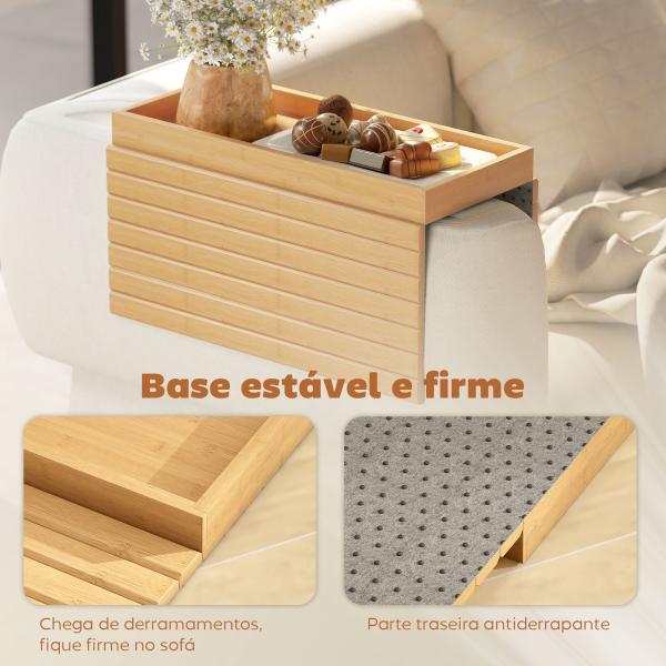 Bandeja de Braço para Sofá em Bambu Dobrável e Flexível com Base Antiderrapante 45x33,5x3 cm Madeira