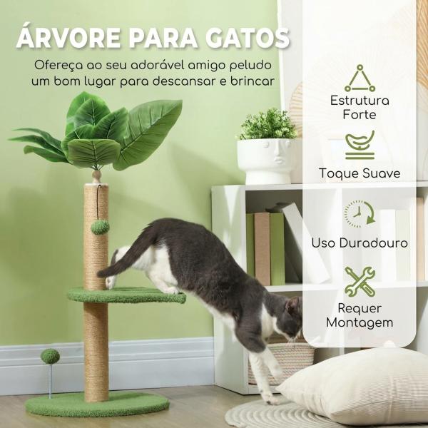 Árvore Arranhadora para Gatos 83 cm com Folhas Artificiais, Poste em Juta, Plataformas em Pelúcia e 2 Brinquedos, Verde