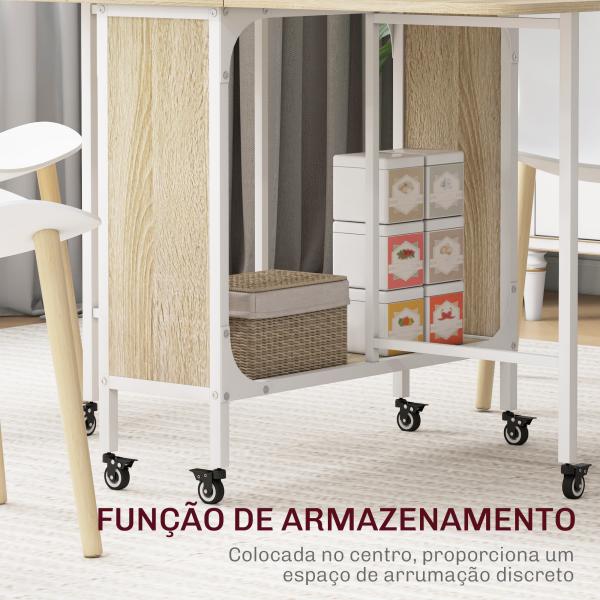 Mesa de Cozinha Dobrável Mesa de Refeição Dobrável com Rodas Laterais Abatíveis e Prateleira 130x80x74 cm Madeira e Branco