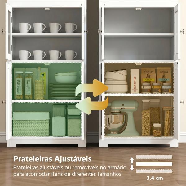 Armário de Cozinha com 2 Portas de Vidro Temperado 2 Prateleiras Abertas e Armário com Prateleira Ajustável 60x30x162 cm Branco