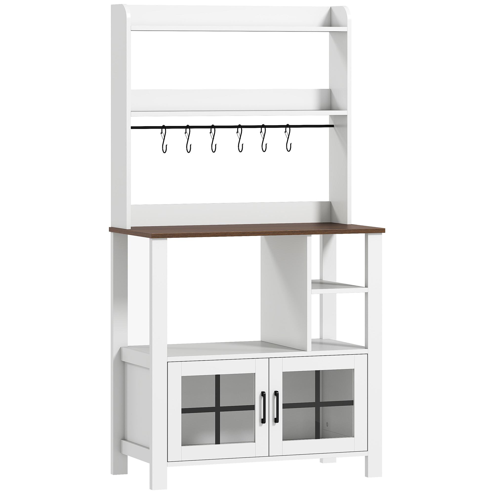 Armário de Cozinha Alto Móvel Auxiliar de Cozinha com 6 Ganchos para Chávenas 2 Portas de Vidro Prateleiras Abertas 80x40x152 cm Branco