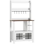 Armário de Cozinha Alto Móvel Auxiliar de Cozinha com 6 Ganchos para Chávenas 2 Portas de Vidro Prateleiras Abertas 80x40x152 cm Branco