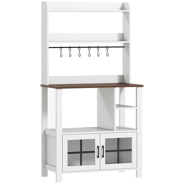 Armário de Cozinha Alto Móvel Auxiliar de Cozinha com 6 Ganchos para Chávenas 2 Portas de Vidro Prateleiras Abertas 80x40x152 cm Branco