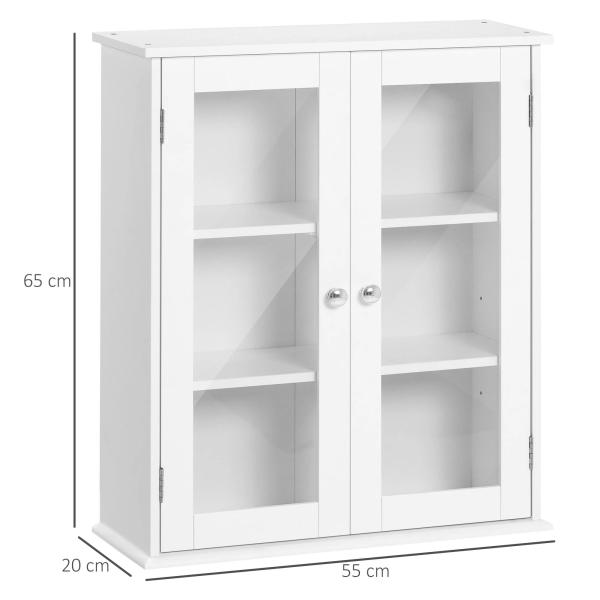 Armário Casa de Banho de Parede com 2 Portas de Cristal Armário Suspenso com Prateleiras Ajustáveis em Altura Multiuso para Cozinhas Sala de Estar 55x20x65cm Branco