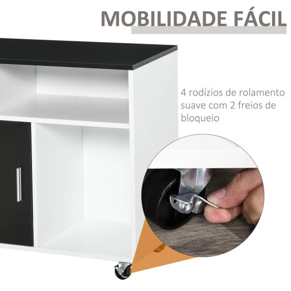 Móvel Auxiliar de Escritório Móvel Arquivador com Rodas Prateleiras Gaveta e Armário Multiuso com Grande Armazenamento 100x35x65cm Preto e Branco