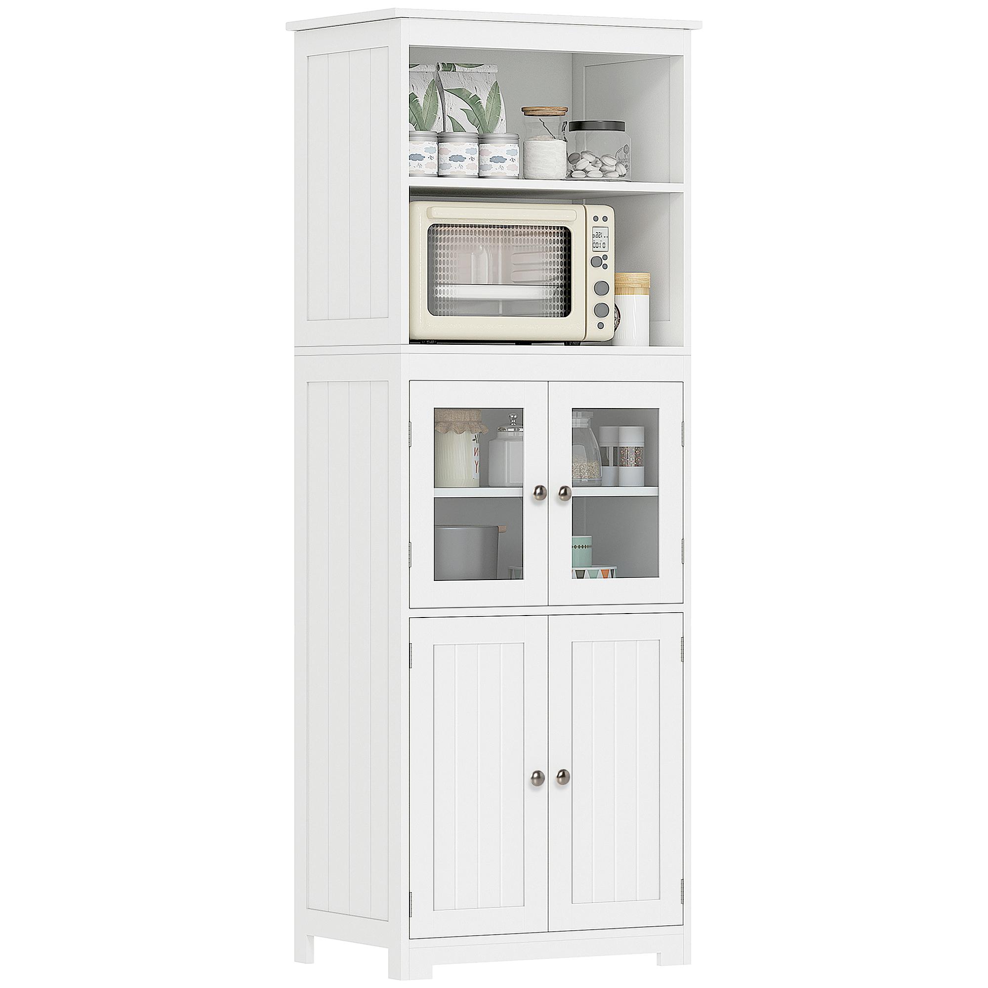 Armário de Cozinha com 2 Portas de Vidro Temperado 2 Prateleiras Abertas e Armário com Prateleira Ajustável 60x30x162 cm Branco