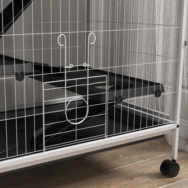 Gaiola para Roedores 80x52x128 cm Casa de 4 Alturas com Rampas Suspensa Rede Bandeja Removível Rodas Branco Rajado e Preto